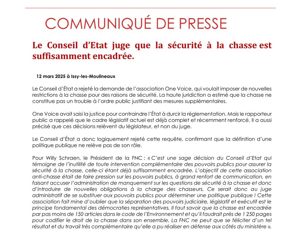 Le Conseil dÉtat juge que la sécurité à la chasse est suffisamment encadrée